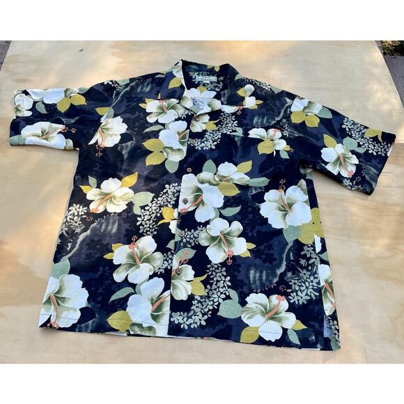 TOMMY Bahama 100% Silk Blue Floral Button Front Polo Shirt Mens Size LARGE - Picture 1 of 6